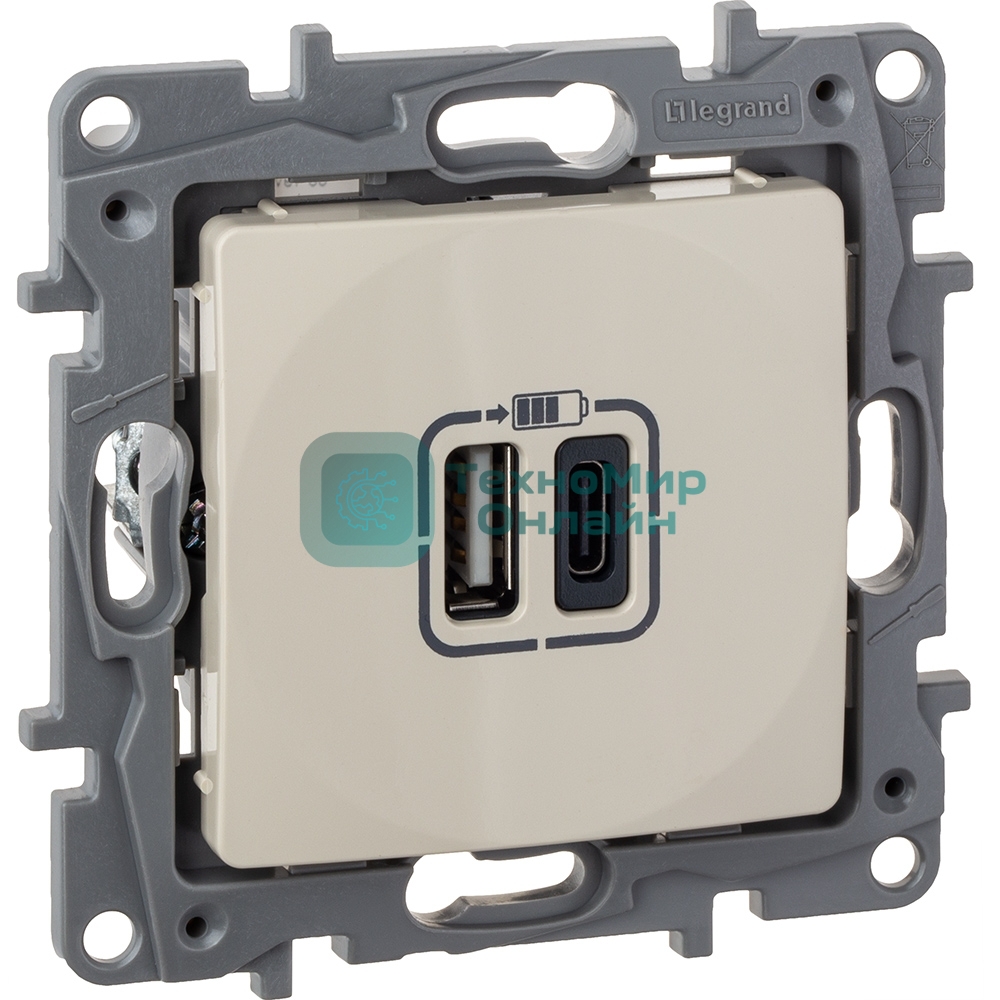 Зарядное устройство с двумя USB-разьемами тип A-тип С Legrand 240В/5В 3000мА - Etika - Цвет Слоновая кость