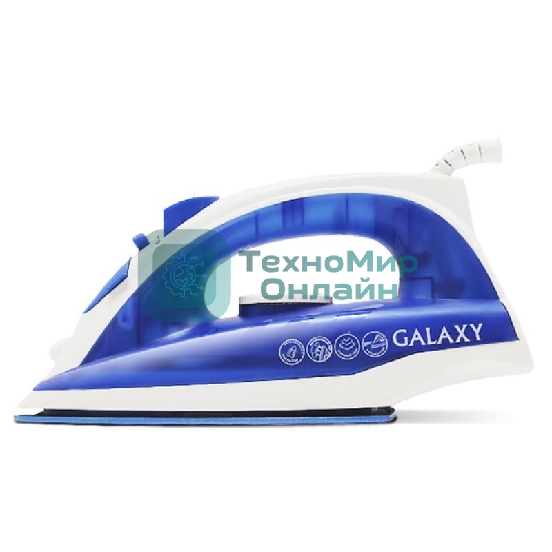 Утюг Galaxy Line GL 6121, синий, паровой, 1600 Вт, керамическое покрытие подошвы, указатель максимального уровня воды, индикатор нагрева, вертикальное отпаривание, паровой удар, функция увлажнения, защита от перегрева, резервуар для воды 470 мл, подача пара до 50 г/мин, паровой удар до 230 г/мин