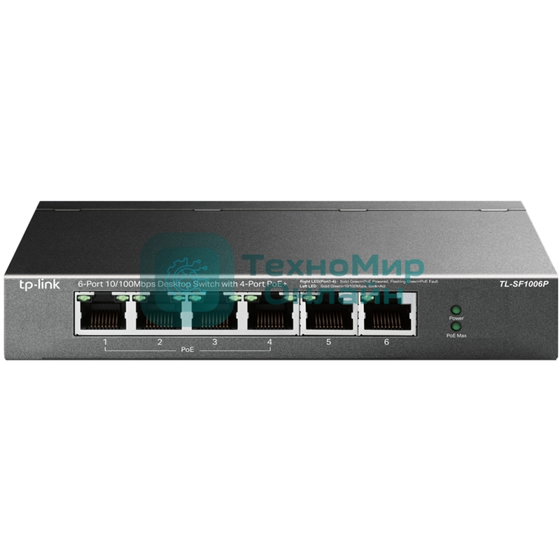 Коммутатор TP-Link 4-port 10/100Mbps Unmanaged PoE+ Switch with 2 10/100Mbps uplink ports, meta case, desktop mount, 4 802.3af/at compliant PoE+ port, 2 10/100Mbps uplink ports, DIP switches for Extend mode, Isolation mode and Priority mode, up to 250m PoE power supply