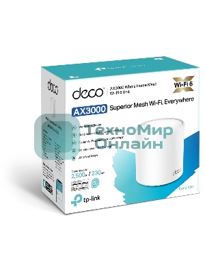 Бесшовный Mesh роутер AX3000 Whole Home Mesh Wi-Fi 6 UnitSPEED: 574 Mbps at 2.4 GHz + 2402 Mbps at 5 GHzSPEC: 2× Internal Antennas, 3× Gigabit Ports (WAN/LAN auto-sensing), 2 Streams and HE160 for 5GHzFEATURE: Deco App, Router/AP Mode, IPv6, IPTV, HomeShield (Parental