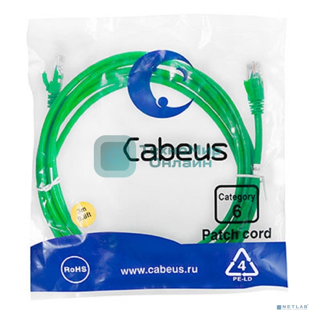 Патч-корд Cabeus, cat.6, неэкр., U/UTP, RJ45/RJ45, PVC, AWG24, 3м, зеленый