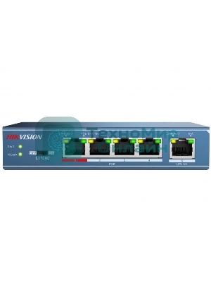 Коммутатор Hikvision DS-3E0105P-E(B) 4 RJ45 100M PoE с грозозащитой 6кВ, 2 порт с высоким приоритетом; 1 Uplink порт 100М Ethernet; бюджет PoE 60Вт; поддержка режима передачи до 250м,10Мб/с, CAT5e; таблица MAC а