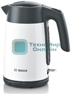 Чайник электрический Bosch TWK7L461, 1.7 л, 2400 Вт., нерж.сталь, покрытая эмалью, белый,шкала уровня воды
