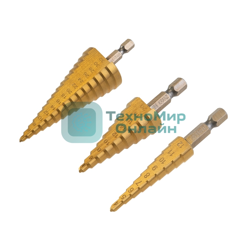 Набор ступенчатых сверл Kranz 4-12,4-20,4-32мм, HSS-TiN, ТИТАН, 3 шт.