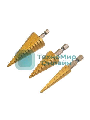 Набор ступенчатых сверл Kranz 4-12,4-20,4-32мм, HSS-TiN, ТИТАН, 3 шт.