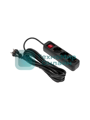 Удлинитель STANDARD 3 гнезда, 5м, 3х1,0мм², с/з, с выключателем, черный REXANT