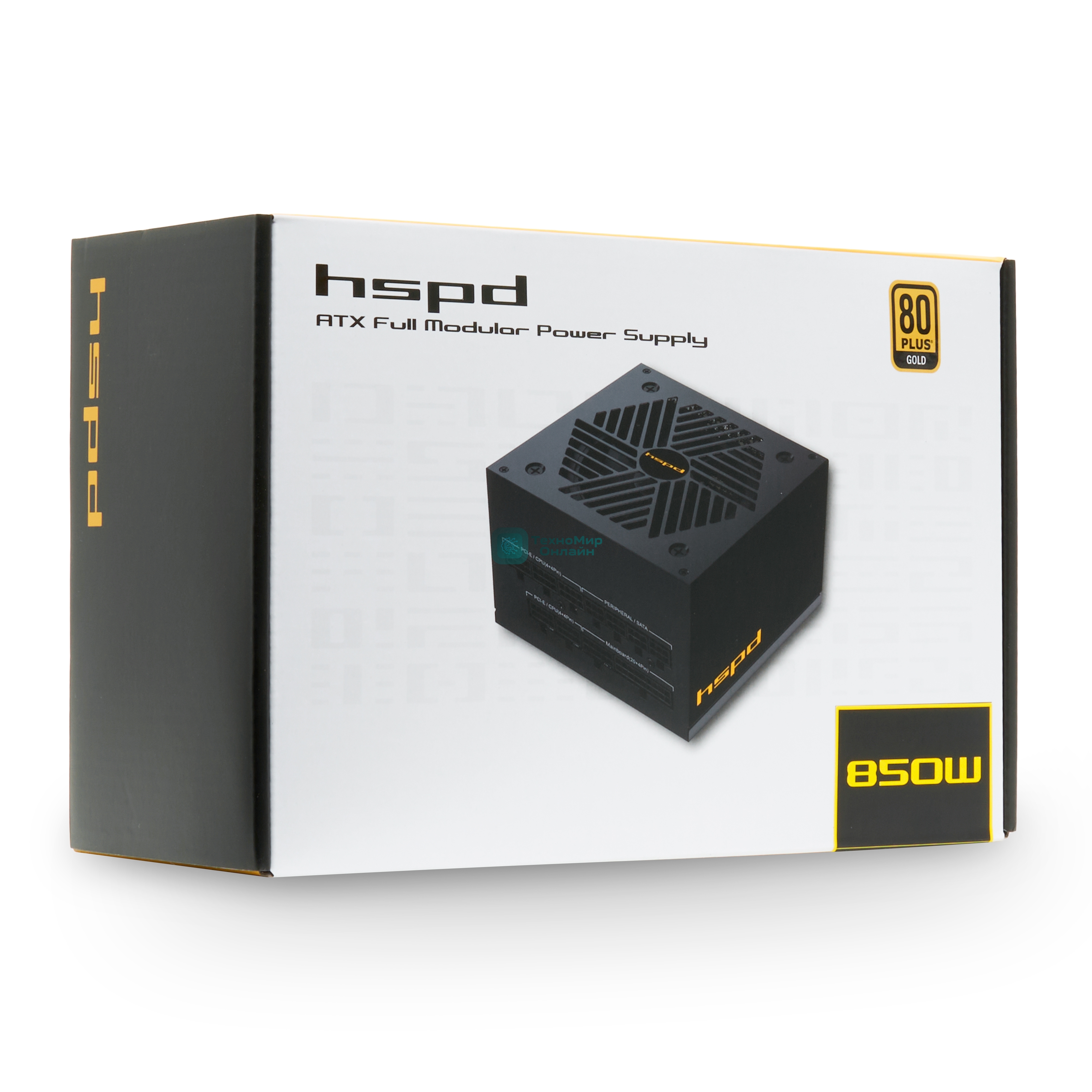 Блок питания HSPD, 850W 80 PLUS Gold (ATX, 2.52, Full modular, 1x24(20+4)pin mesh 550мм, 1xCPU*2 8(4+4)pin 650+150мм, 2xPCIe*2 8(6+2)pin 500+150мм, 2xSATA*3 450+150+150мм, 1xMOLEX4pin*3 450+150+150мм, Active, 120x120мм, 150x140x86мм, APFC, OVP, UVP, SCP, OCP, OTP, OPP, NLO, SIP, black)