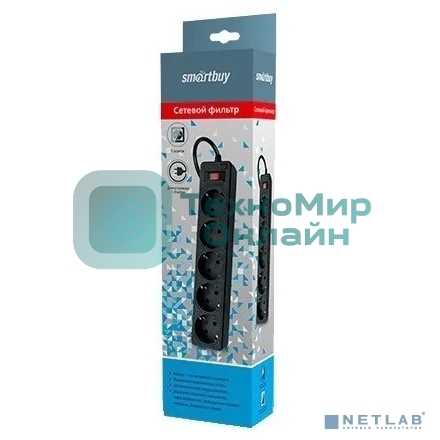 Сетевой фильтр Smartbuy SBSP-18-K One, 10А, 2 200 Вт, 5 розеток, длина 1,8 м, черный (SBSP-18-K)/45