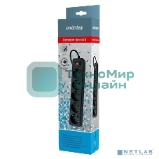 Сетевой фильтр Smartbuy SBSP-18-K One, 10А, 2 200 Вт, 5 розеток, длина 1,8 м, черный (SBSP-18-K)/45
