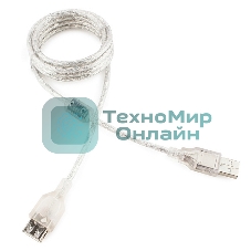 Кабель-удлинитель USB2.0 Pro Cablexpert CCF-USB2-AMAF-TR-6, AM/AF, 1,8м, экран, 2феррит.кольца, прозрачный, пакет