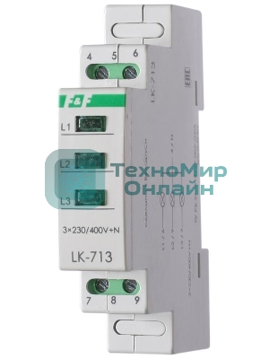 Указатель напряжения LK-713 3 зел. светодиода (сигнализация наличия 3ф 35мм 3х400/230+N IP20 монтаж на DIN-рейке) F&F EA04.007.002