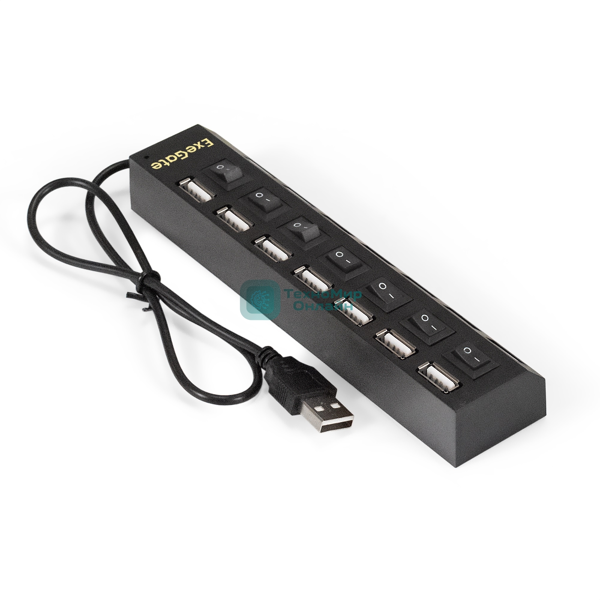 USB-концентратор ExeGate EX293978RUS DUB-72SW (кабель-адаптер USB2.0 --> 7xUSB2.0, кнопки включения/отключения для каждого порта, Plug&Play, черный)