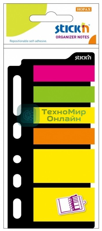 Закладки самоклеящиеся, индексы пластиковые Stick`n 21070 6 цветов в упаковке, 25 листов, для органайзера 25x45мм,+12x45мм, европодвес