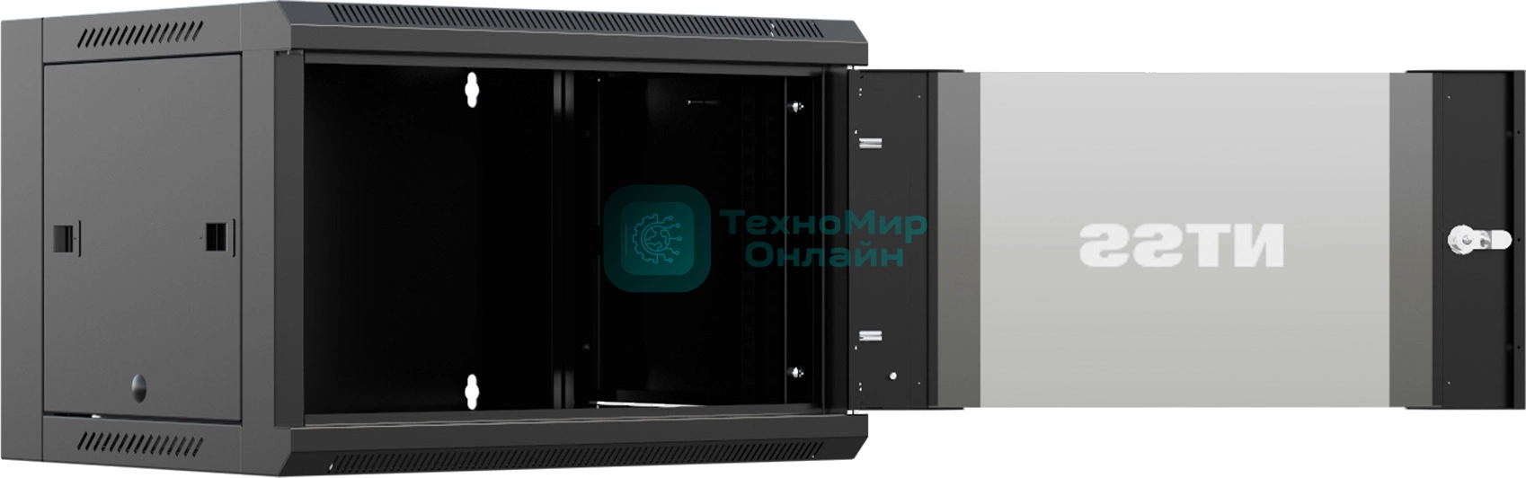 Шкаф коммутационный NTSS NTSS-W6U6045GS-BL настенный 6U 570x450 мм пер. дв. стекл 60 кг черный 350 мм 18 кг 220 град. 370 мм IP20 сталь