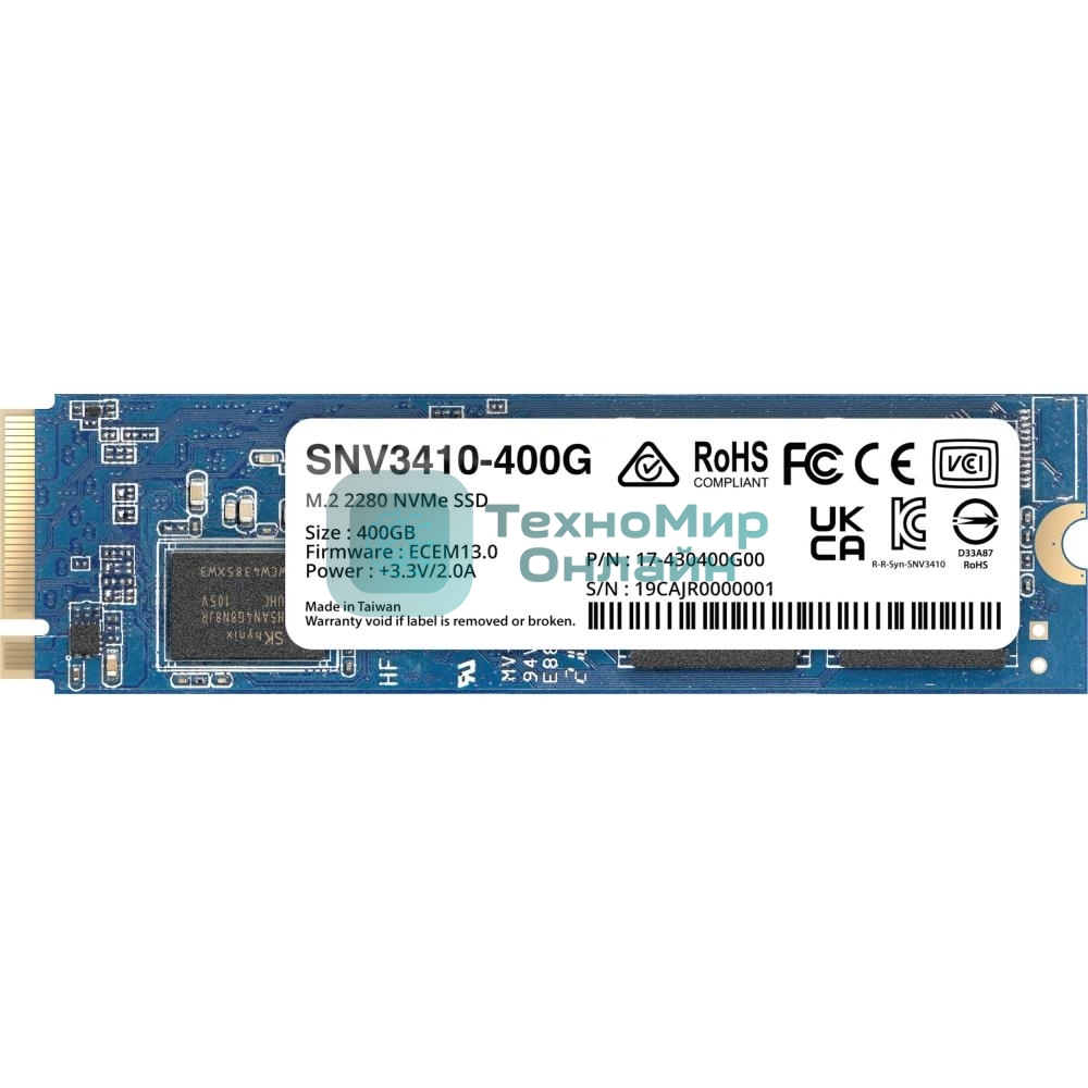 Накопитель SSD Synology SNV3000 Series PCIe 3.0 x4,M.2 2280, 400GB, R3000/W750 Mb/s, IOPS 225K/45K, MTBF 1,8M repl SNV3400-400G'