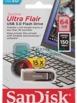 Флешка USB Sandisk 64Gb Cruzer Ultra Flair SDCZ73-064G-G46 USB 3.0 серебристый/черный