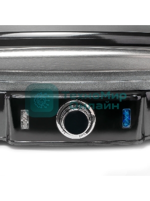 Гриль электрический Galaxy Line GL 2961, черный с серебристым, механическое управление, 2200 Вт, мраморное керамическое покрытие рабочей поверхности, корпус из нержавеющей стали, индикаторы сети и нагрева, регулятор температуры, лопатка и емкости для сбора жидкости