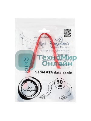 Кабель интерфейсный SATAIII Cablexpert CC-SATAM-DATA-0.3M, 30 см, 7pin/7pin, защелка, пакет