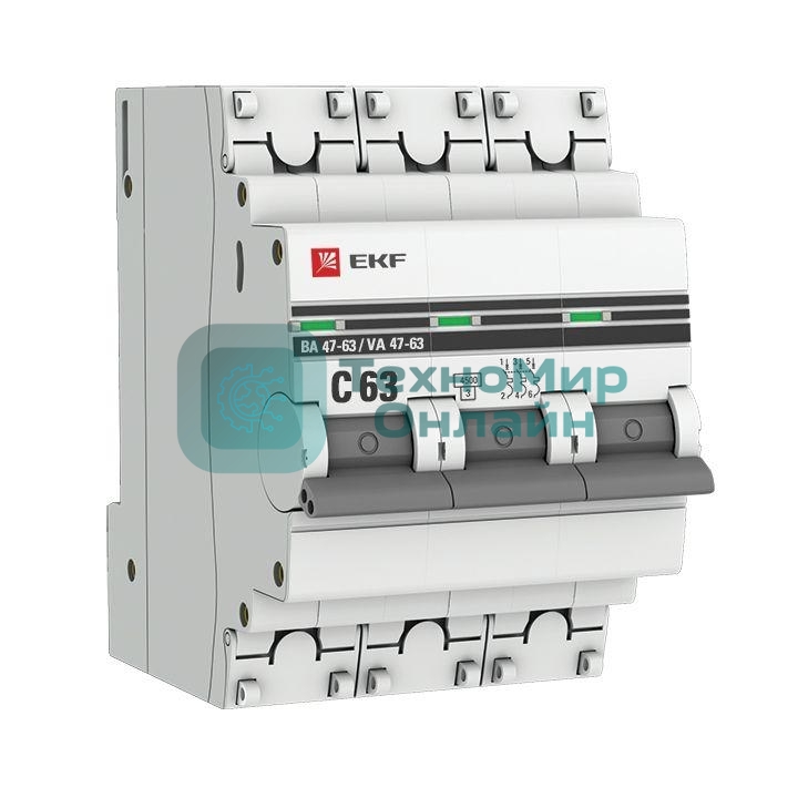 Выключатель автоматический модульный 3п C 63А 4.5кА ВА 47-63 PROxima EKF mcb4763-3-63C-pro