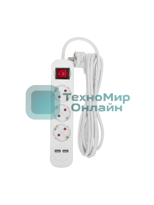 Удлинитель Rexant STANDARD 3 гнезда, 3 м, 3х1,0 мм², с/з, с выключателем, 2 USB, белый