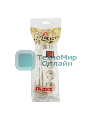 Сетевой фильтр Гарнизон ELB-G3-W-5, 3 евророзетки с выключателем и заземлением, допустимый ток 16А, длина 5 м.