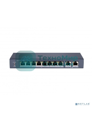 Коммутатор сетевой неуправляемый DS-S1008P - 8 RJ45 100M PoE, 2 порта с высоким приоритетом; 2 Uplink порта Gigabit