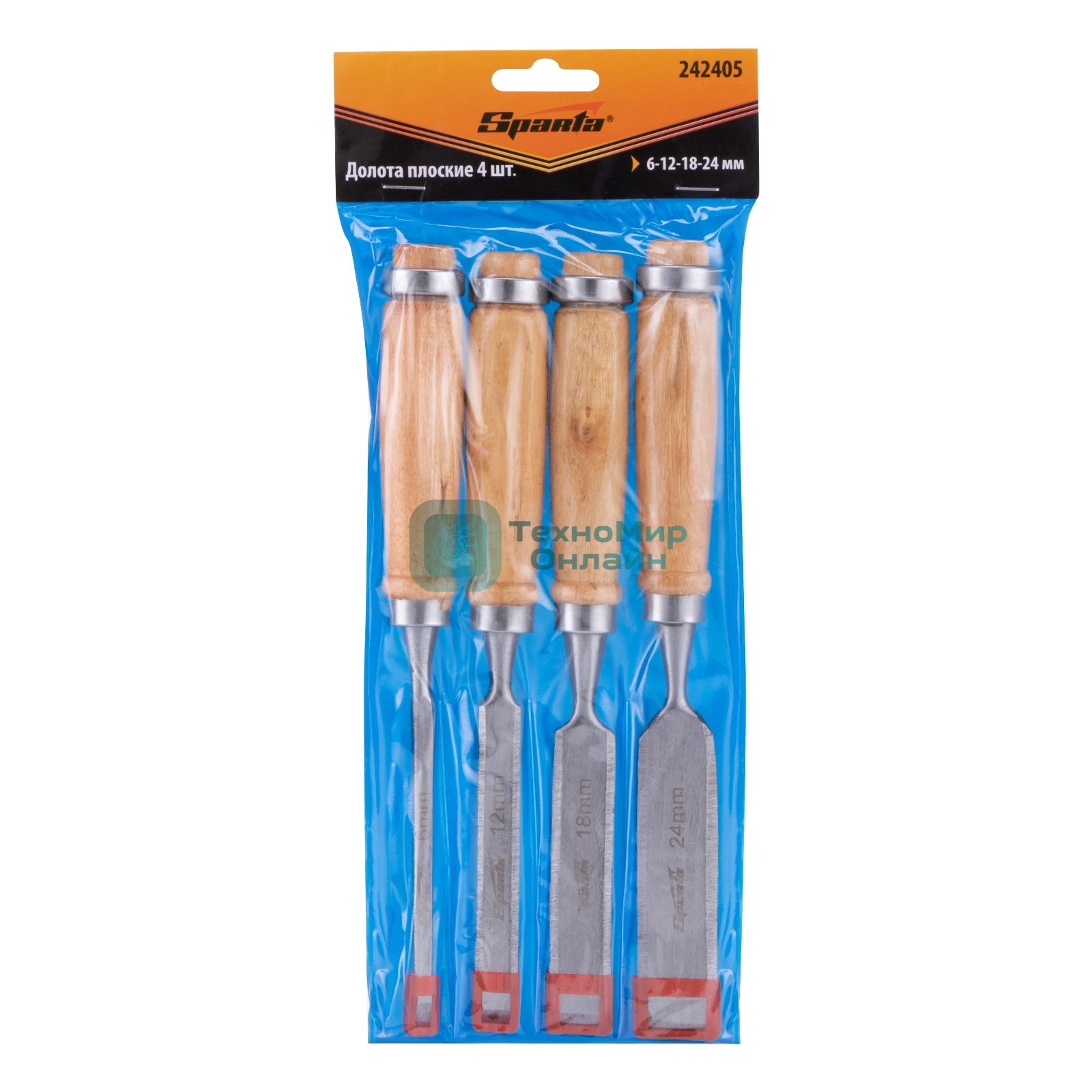 Набор долот-стамесок Sparta 6-12-18-24 мм, плоских, деревянные рукоятки