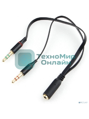 Кабель аудио Cablexpert CCAB-02-35F2M-0.2MB. 3.5 Jack 4pin(F)/2х 3.5 Jack(M) наушники и микрофон, черный, 0.2м, блистер