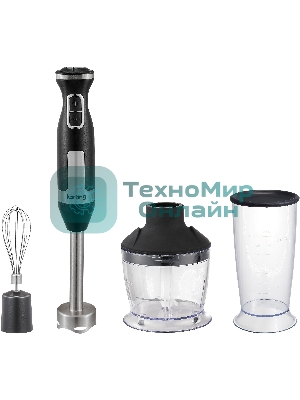 Блендер погружной Korting, кнопочное управление, 20 скоростей, 3 насадки, объем чаши 800 мл, турборежим, защита от перегрева/перегрузки, материал корпуса металл/пластик, мощность 1400 Вт, цвет черный