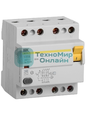 Выключатель автоматический дифференциального тока IEK 4п 100A 30mA тип AC ВД1-63 IEK MDV10-4-100-030