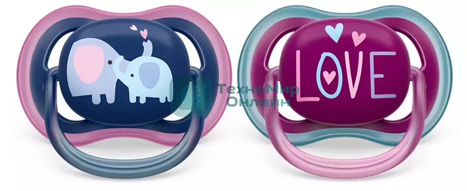 Пустышка Philips ultra air, слоники/LOVE, 18+ мес., 2 шт.