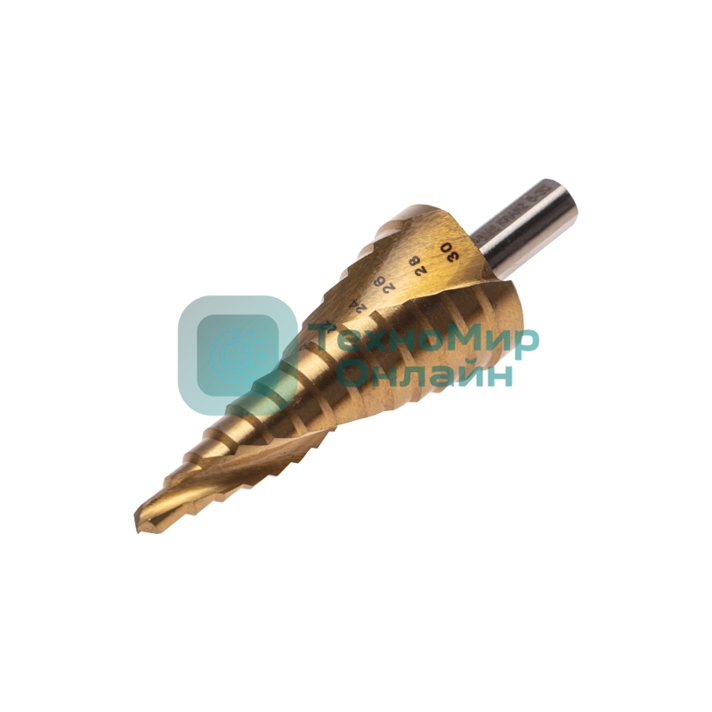 Сверло ступенчатое Kranz 6-8-10-12-14-16-18-20-22-24-26-28-30мм, Р6М5, ТИТАН, трехгр.хвостовик