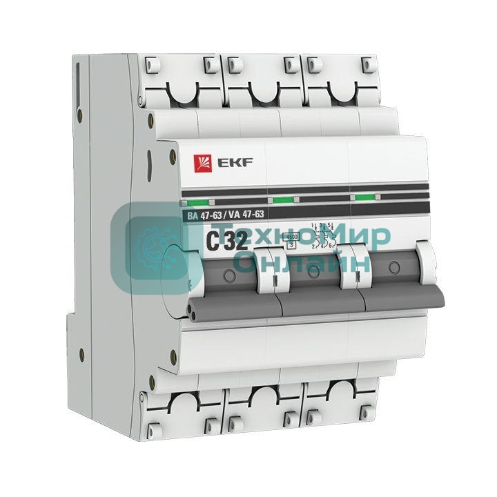 Выключатель автоматический модульный 3п C 32А 4.5кА ВА 47-63 PROxima EKF mcb4763-3-32C-pro