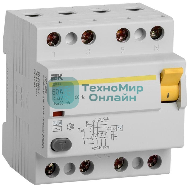 Выключатель дифференциального тока (УЗО) 4п 50А 30мА тип AC ВД1-63 IEK MDV10-4-050-030