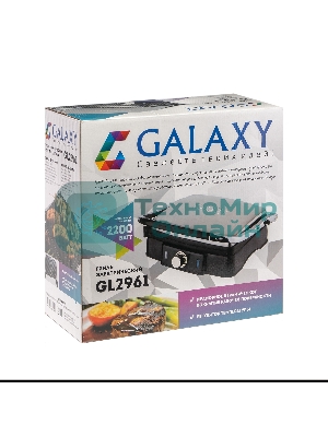 Гриль электрический Galaxy Line GL 2961, черный с серебристым, механическое управление, 2200 Вт, мраморное керамическое покрытие рабочей поверхности, корпус из нержавеющей стали, индикаторы сети и нагрева, регулятор температуры, лопатка и емкости для сбора жидкости