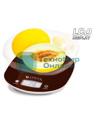 Весы кухонные Centek CT-2456 (шоколад) электр., max 7кг(!!!), шаг 1г, большая съемная чаша, дисплей