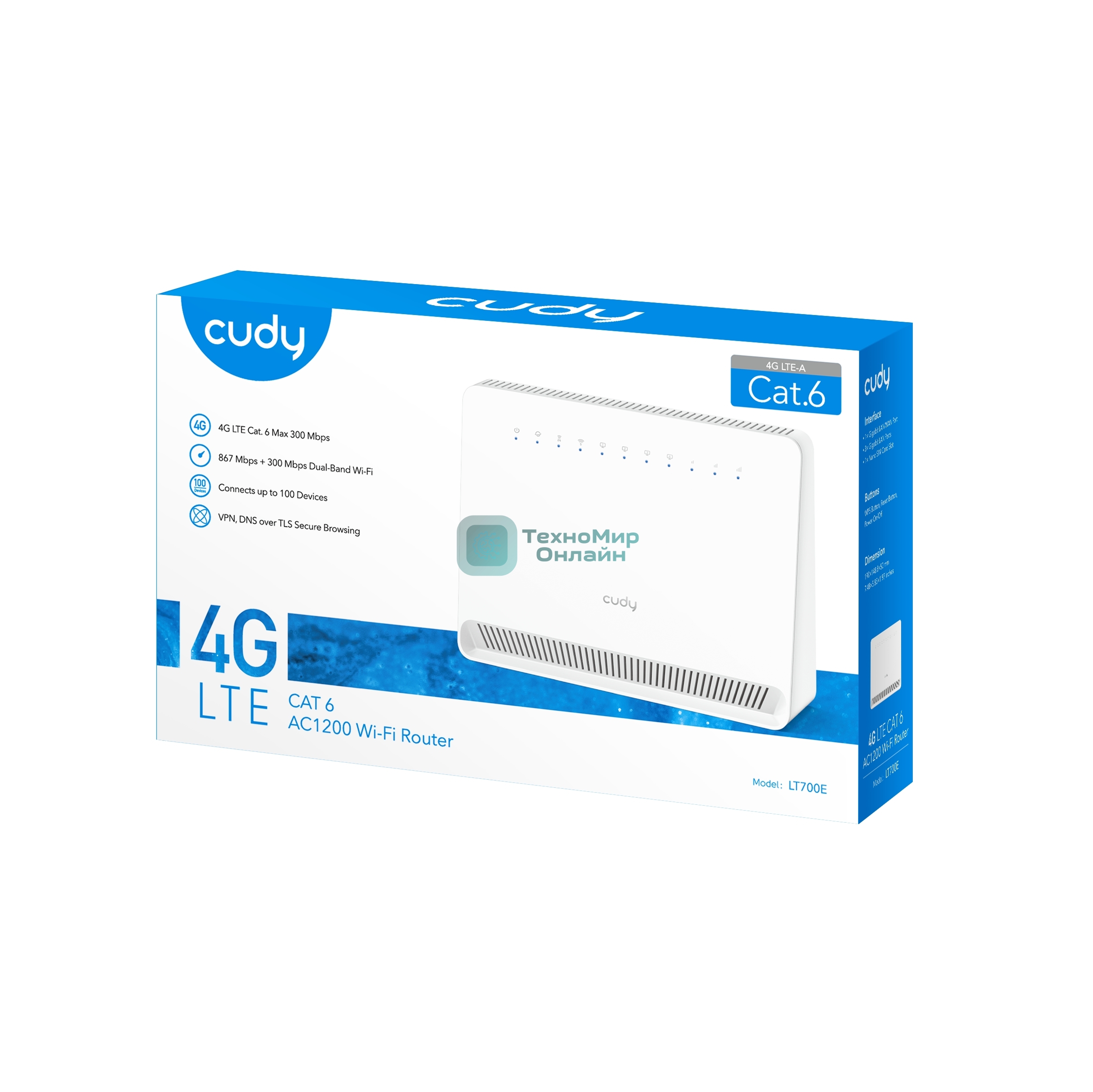 Маршрутизатор AC1200 Wi-Fi 4G LTE Cat 6 Gigabit Router, 4 10/100/1000M RJ45 Ports, Nano SIM Slot, Quectel module inside,build-in 4G LTE modem, 300Mbps at 2.4GHz + 867Mbps at 5GHz, Internal Antennas, PPTP/L2TP/OpenVPN/WireGuard VPN, DNS over Cloudflare/Google/Quad9, DDNS, SMS, Band locking, TR069, TR111, Cudy Mesh Support