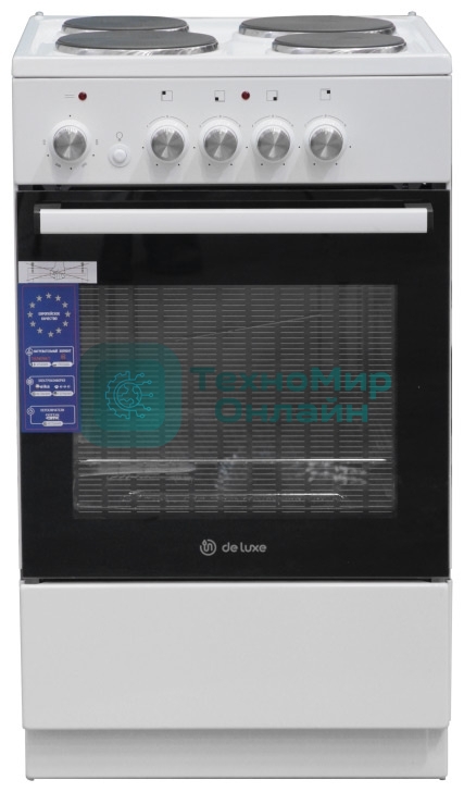 Плита электрическая De Luxe 5004.18э белый, конфорок 4 шт, духовка 43 л, 50 см x 85 см x 50 см