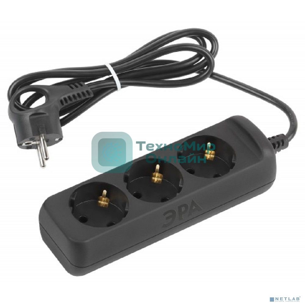 Удлинитель электрический ЭРА UX-3e-1,5m-B с заземлением 3 розетки 1,5 м ПВС 3x0,75мм2 10А черный