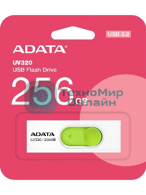 Флешка USB ADATA UV320 (AUV320-256G-RWHGN), 256Gb, USB 3.2 Gen1, R/W 100/30, белый/зеленый