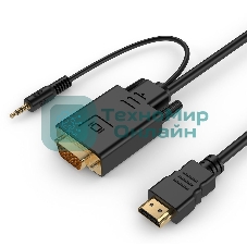 Кабель HDMI->VGA Cablexpert A-HDMI-VGA-03-10, 19M/15M + 3.5Jack, медь, позол.разъемы, 3м, черный, пакет