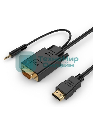 Кабель HDMI->VGA Cablexpert A-HDMI-VGA-03-10, 19M/15M + 3.5Jack, медь, позол.разъемы, 3м, черный, пакет