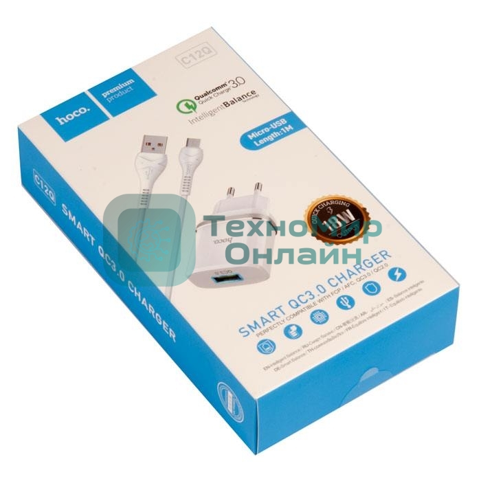 Сетевое зарядное устройство + Кабель Micro HOCO HC-16286 C12Q/1m/QC 3.0/1 USB/Выход: 5V_9V_12V, 18W, белый