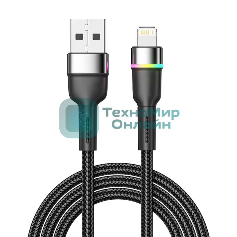 Кабель Rexant USB-A - Lightning для Apple, 2,4А, 1м, в черной нейлоновой оплетке, с LED подсветкой