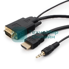 Кабель HDMI->VGA Cablexpert A-HDMI-VGA-03-5M, 19M/15M + 3.5Jack, медь, позол.разъемы, 5м, черный, пакет