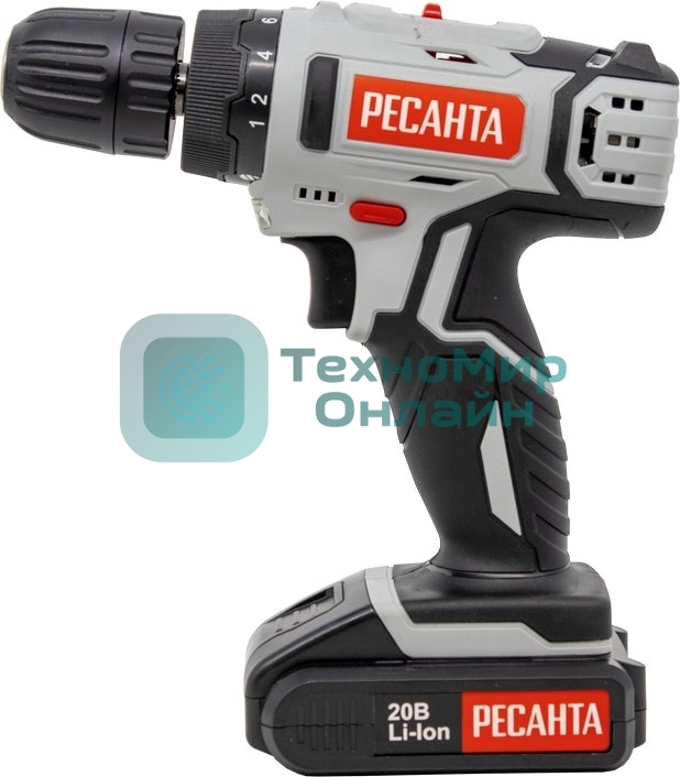 Дрель-шуруповерт Ресанта ДА-20-2ЛК, 20 В, 2 Ач, 55 Нм, щеточный