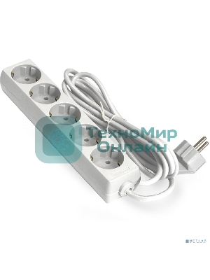 Удлинитель ExeGate ECE-5-5W (EX285827RUS), белый, 5 м, евровилка с заземлением, 5 евророзеток с заземлением, 2200 Вт