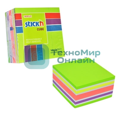 Блок самоклеящийся бумажный Stick`n 21537 76x76 мм, 400 листов, 70 г/м2, неон+пастель, 5 цветов в упаковке