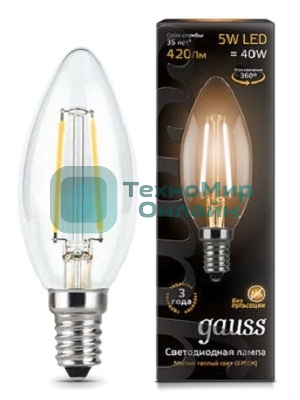 Лампа светодиодная Gauss 103801105LED Filament Candle Е14 5Вт 2700к 1/10/50