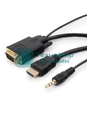 Кабель HDMI->VGA Cablexpert A-HDMI-VGA-03-10M, 19M/15M + 3.5Jack, медь, позол.разъемы, 10м, черный, пакет